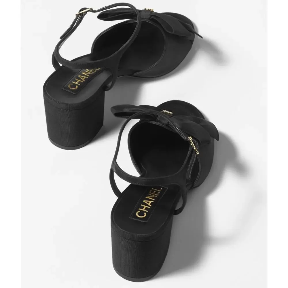 Chanel 24A Black Silk Bow Crystal CC Logo Ankle Strap Block Heel Sandals 42 - Picture 16 of 16